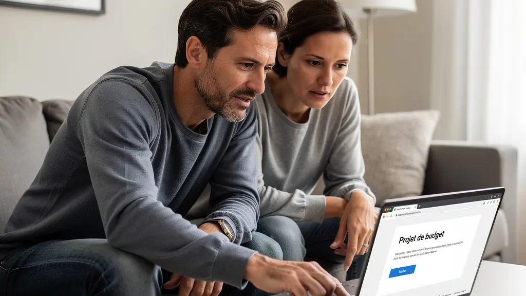 Couple français consultant ensemble une simulation de prêt immobilier sur ordinateur portable