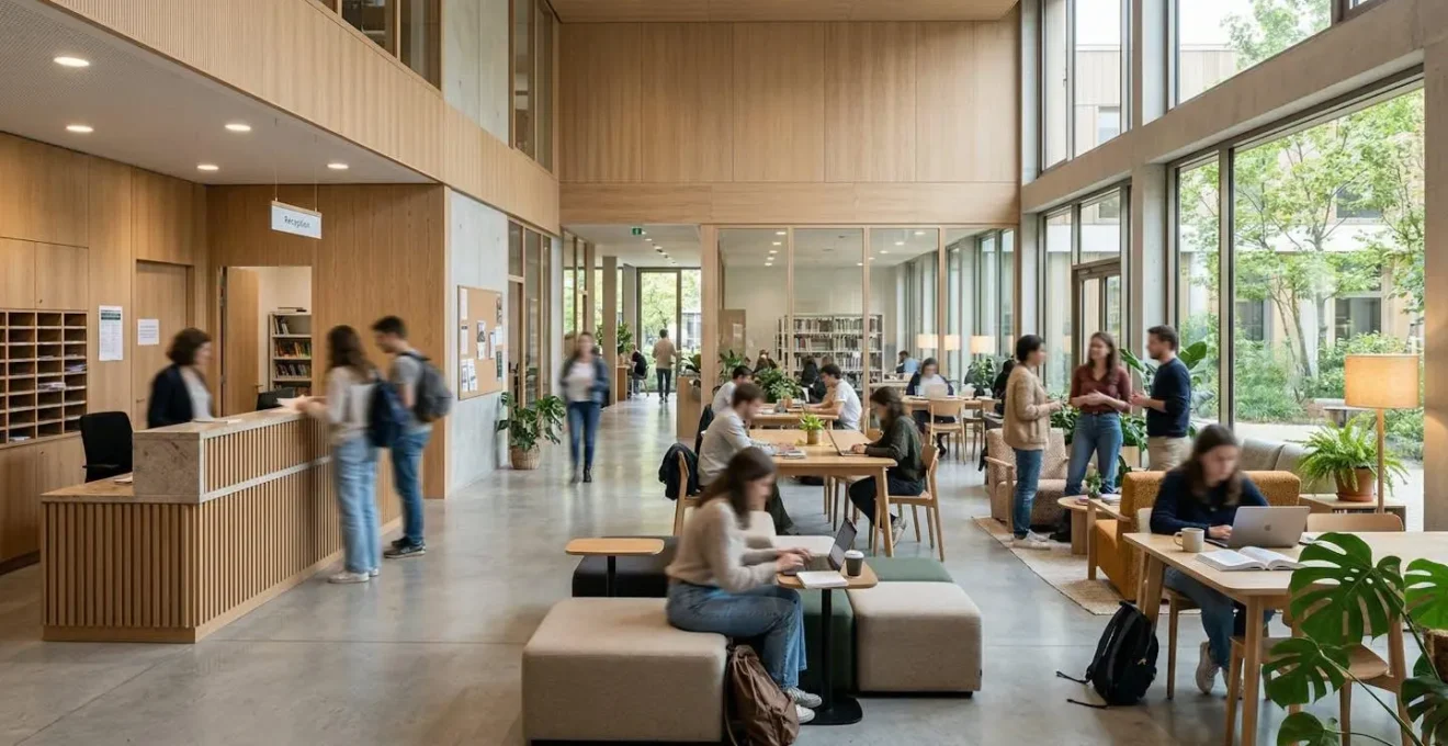 Espace commun moderne d'une résidence étudiante avec services