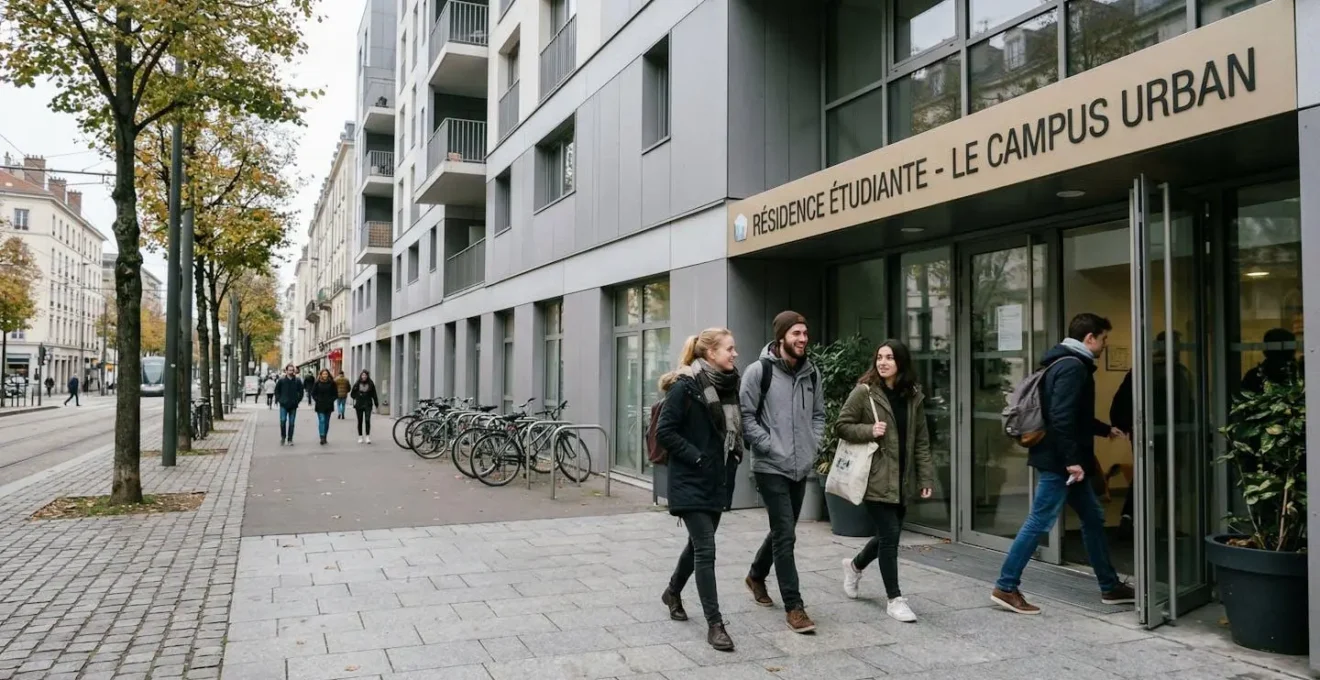 Résidence étudiante moderne en ville universitaire avec étudiants passant devant le bâtiment