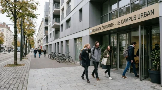 Résidence étudiante moderne en ville universitaire avec étudiants passant devant le bâtiment