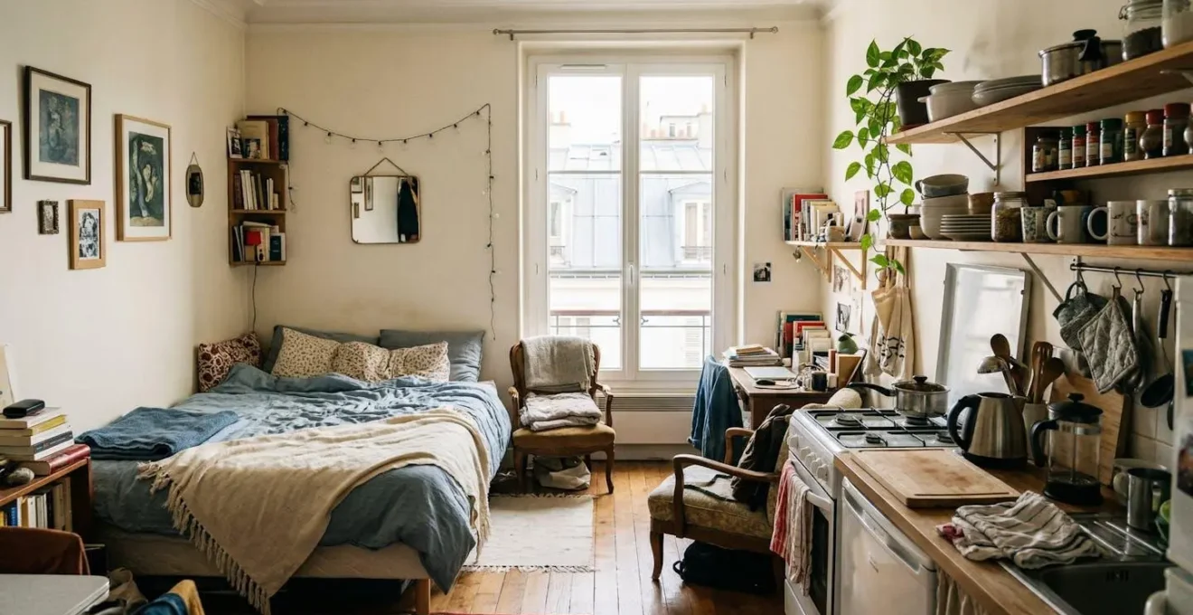 Intérieur d'un studio meublé classique bien agencé avec kitchenette